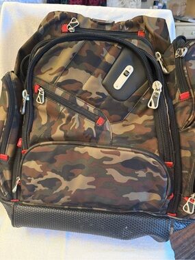 refuge Camo Tactical Backpack in Olive Green, Brown and Black with Red Accents